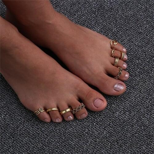 9 Pcs/Set Vintage Alloy Foot Ring Fashion Sea Wave Pattern Opening Foot Ring Set For Women Girl
