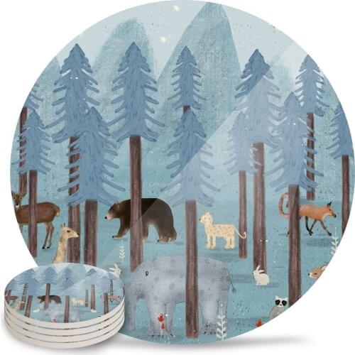 Blue Forest Animals Round Coaster Coffee Table Mats Kitchen Table Accessories Absorbent Ceramic Coasters