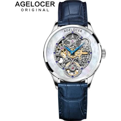 AGELOCER Swiss 2021 Design Women Watches Luxury Top Brand Skeleton Crystals Blue Leather Automatic Mechanical Watch For Woman