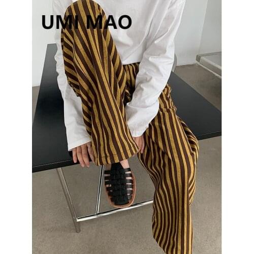 UMI MAO Korean Fashion Autumn Loose Wide-leg Women New Retro Ins Elastic Waist Straight Casual Black White Striped Pants Y2K