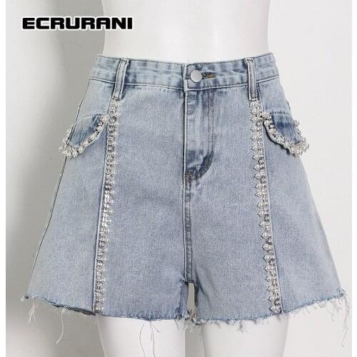 ECRURANI Blue Patchwork Casual Short Pant For Women High Waist Pockets Button Denim Solid Shorts Female Summer Clothing 2021 New