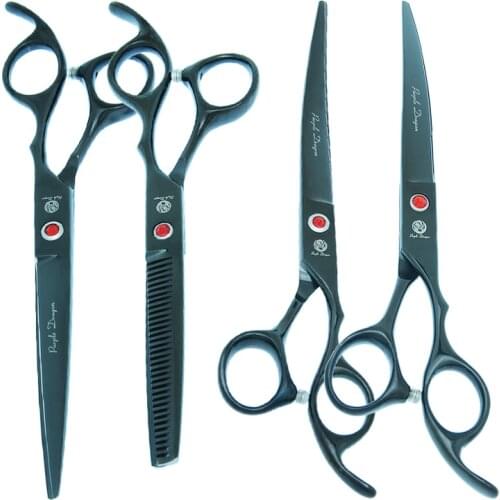 Purple Dragon 7.0" Professional Pet Scissors for Dog Grooming Black Straight Curved Cutting Shear Puppy Thinning Clippers B0026B