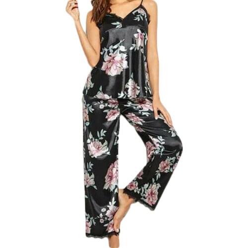 2Pcs Women Pajama Sets V-Neck Floral Print Lace Vest Pants Strappy Sleepwear Sexy Sleeveless Strap Vest+Wide Leg Pants