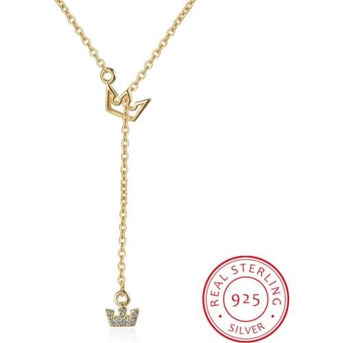 Princess Crown CZ Pendant Charm Necklace 925 Sterling Silver Long Chain Necklace For Women Silver Gold Jewelry S-N560