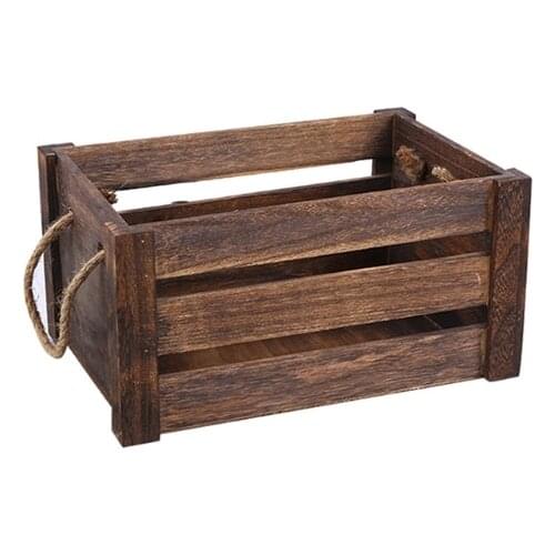 2021 Creative Household Wooden Rectangular Storage Basket with Rope Handle Vintage Rustic Hollow Out Organizer Bin Box Crates