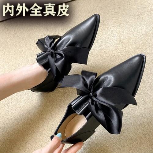 Fashion Plus Size Womens Shoes Black Bow Ballet Flats Genuine Leather Tip Sexy Dress Shoes Spring White Casual Shoes Ladies