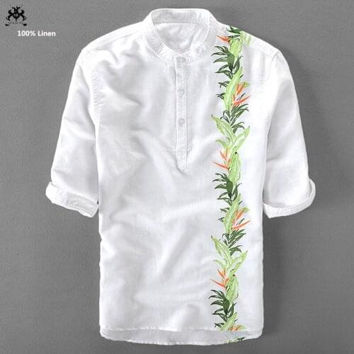 Fashion 2019 Mens high quality 100% Linen half sleeve stand-collar shirts casual personality print mens shirts mens slim tops