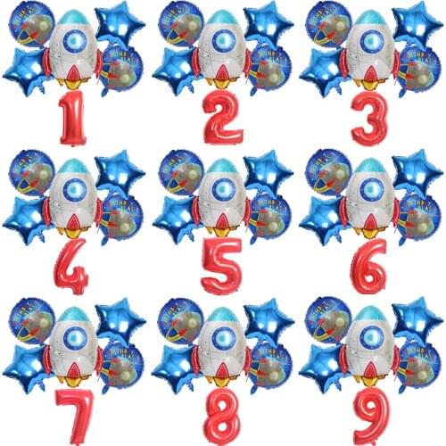 6pc 32 Inch Digital Aluminum Foil Rocket Star Balloon Confetti Latex Balloon Set Birthday Party Decorations Kids Baby Shower