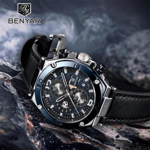 2021 New BENYAR Mens Quartz Watch Top Brand Luxury Watches Mens Casual Fashion Leather Strap Waterproof Calendar Wristwatches