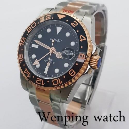 Bliger 40mm black dial Sapphire glass Ceramic Bezel GMT hand Automatic watch Golden middle steel belt W2625
