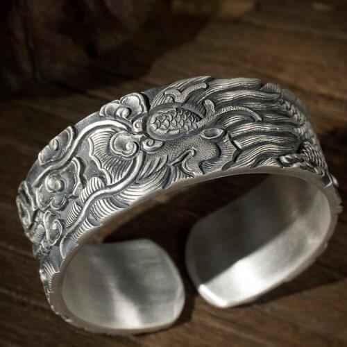 New Yunnan Handmade Snowflake Silver Bracelet Mens Ancient Dragon Silver Bracelet Original Dragon Embossed Craft Jewelry