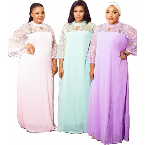 New Style African Womens Dashiki Abaya Stylish Chiffon fabric Lace Loose Long Dress Free Size