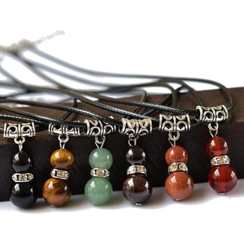 Ancient Silver Inlaid Stone Pendant Necklace Black leather rope Chain Semi-precious Stone Variety of stone Necklaces LN070230