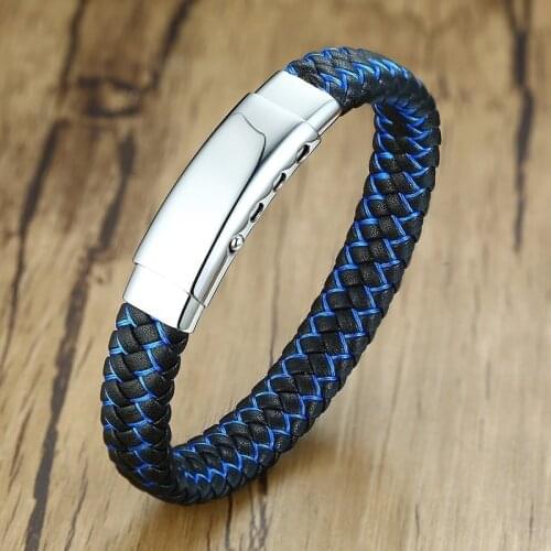 Stylish Mens Bracelets with Braided Blue and Black Genuine Leather pulseira masculina Length Adjustable