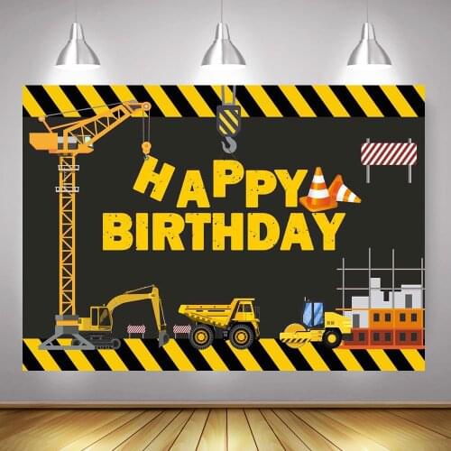 Construction Themed Happy Birthday Party Banner Backdrop Construction Team Digger Dump Truck Background Photography Props