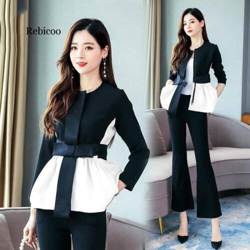 Spring Korean Elegant Black And White Patchwork 2 Piece Set Women Fashion Womens Outfits Plus Size Clothing