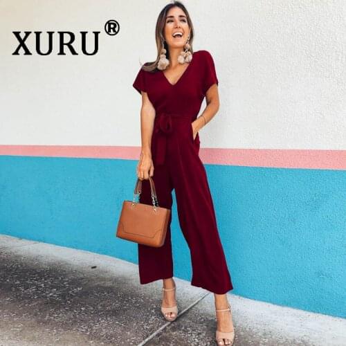XURU temperament casual chiffon jumpsuit nine pants summer new V-neck solid color womens loose jumpsuit with belt