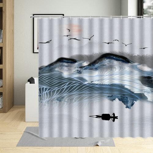 Chinese Style Shower Curtain Ink Painting Mountain Bird Flower Plant Bamboo Scenery Bathroom Hanging Curtain Set Polyester Cloth
