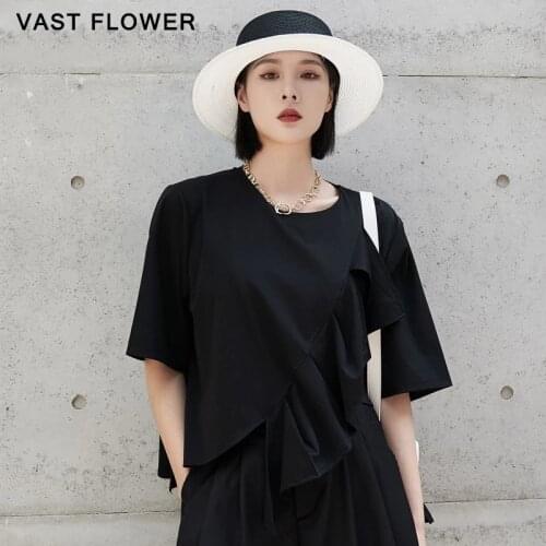 Women Black Irregular Ruffles T-Shirt New O-Neck Short Sleeve Loose Casual T Shirt Tops Fashion Clothes Summer 2021