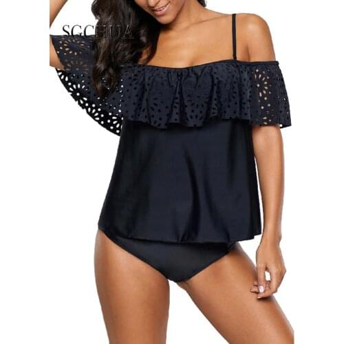 Plus Size Swimwear Women Black Tankini Hollow Out Womens 2 Piece Swimsuit Solid Vintage Retro Bikinis 2021 Brazilian Women