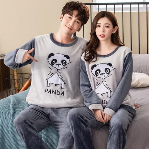 2020 Winter Couples Long Sleeve Thick Warm Flannel Pajama Sets for Women Cute Cartoon Coral Velvet Sleepwear Pyjama Men Homewear