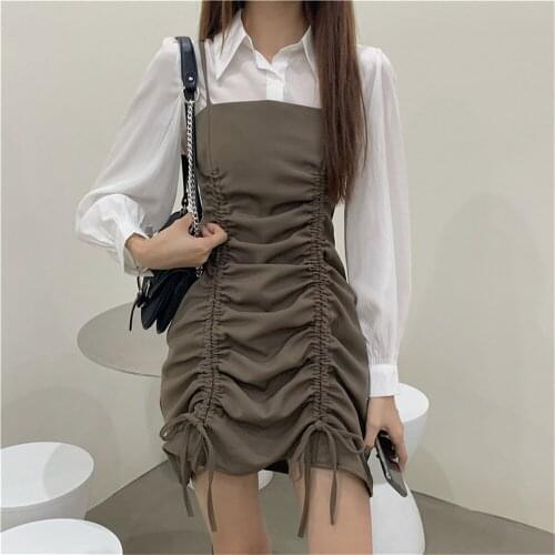 Alien Kitty 2021 Stylish Sexy Slim Two Piece Sets Retro Hot Girls Suits Loose Chic Shirts Autumn Drawstring Bodycon Slip Dress