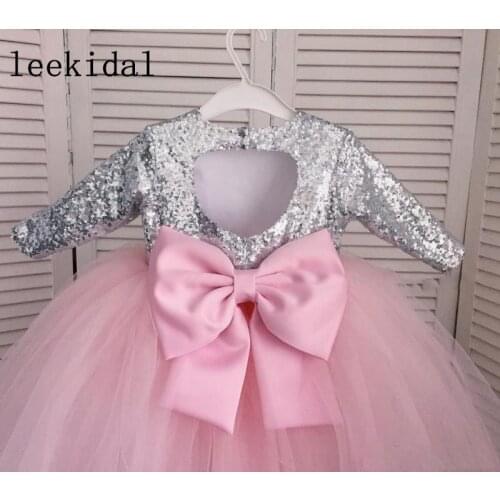 Blush Pink Sequin Ball Gown Flower Girls Dress Jewel Long sleeve Sequined Hollow Back Bow Tulle Tiered Skirt Custom