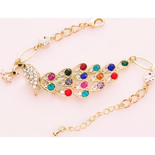 PINKSEE Gold Color Colorful Crystal Peacock Bracelet Link Chain Bangle For Elegant Women Jewelry Accessories Gift