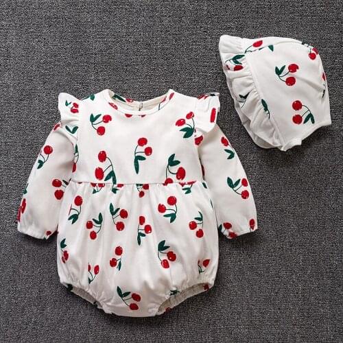 Printing Cherry Summer Baby Bodysuits Newborn Infant Kids Clothes Girls Long Sleeve Turndown Collar Jumpsuit Hats Top Quality
