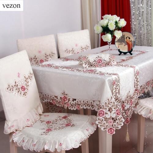 Vezon Hot Sale Elegant Satin Jacquard Embroidery Floral Tablecloths Handmade Cutwork Embroidered Table Cloth Cover Overlays