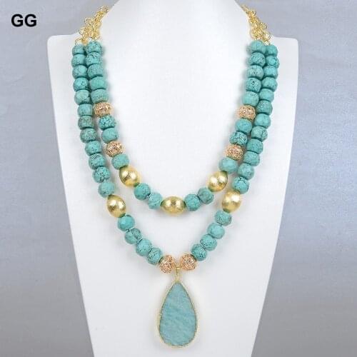 GG Jewelry Natural Green Faceted Turquoises Chocker Amazonite Pendant Necklace Gold Color Plated brushed Beads For Women
