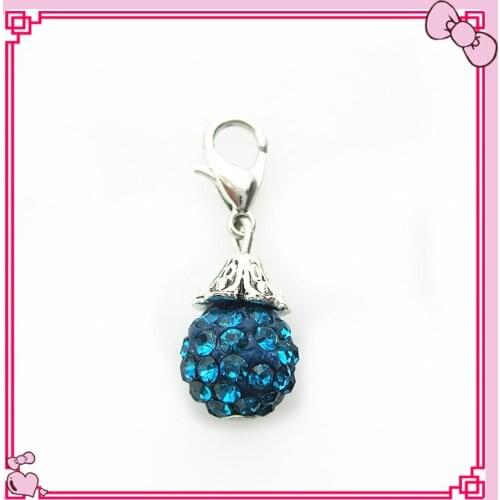 Hot selling silver rhinestone peacock blue crystal global dangle charms lobster clasp charms for glass floating lockets charms