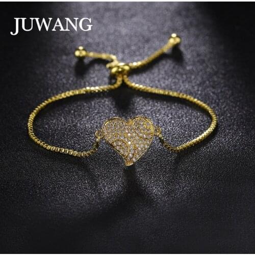 JUWANG Cubic Zirconia Micro Pave Crystal Heart Shape Charm Bracelets For Women Adjustable Copper Chain Bracelet Bangles Jewelry