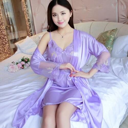 2PCS Silk Satin Sexy Lace Lingerie Nightgowns Robes Sets for Women 2020 Summer Bathrobe Sleepwear Nightdress Night Dress Nighty