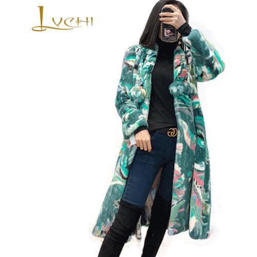 LVCHI Winter 2019 Turn-Down Collar Real Mink Fur Coat Womens Long Sleeve Print Flower Coat Long Colorful Slim Causal Mink Coats