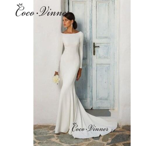 Boat Neck Long Sleeves Simple Mermaid Wedding Dresses Pure Whtie Button Illusion Embroidered Lace on Net W0540