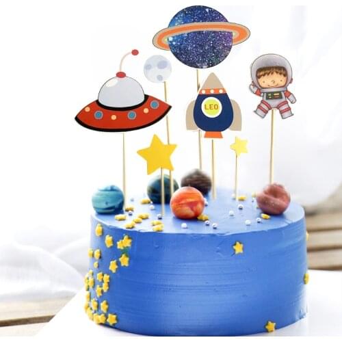 Space Series Astronaut Planet UFO Rocket Moon Cake Topper Dessert Decoration Happy Birthday Party Childrens Day Lovely Gifts