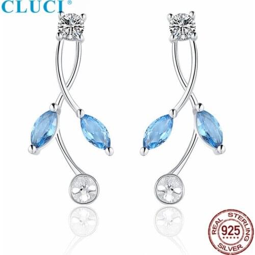 CLUCI Genuine 925 Sterling Silver Blue CZ Stud Pearl Earrings Settings for Women Party Wedding Jewelry SE166SB