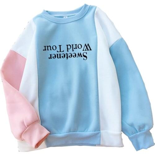 Sweetener World Tour Letter Print Hoodies Autumn Winter Fleece Casual Streetwear Harajuku Colorblock Patchwork Sweatshirts Women
