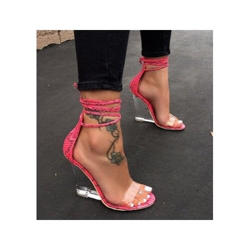Fashion Women Shoes Peep Toe PVC Transparent Heel Wedges High Heels Sandals Summes Cross Strap Lace-Up Pumps yui89