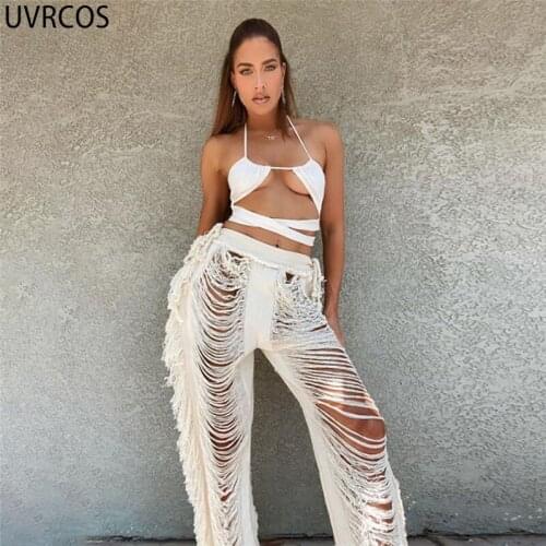 UVRCOS Streetwear Women Solid Knitted Straight Y2K Pant Hipster Undefined Tassel Hollow Out High Waist Mid-Waist Female Trousers