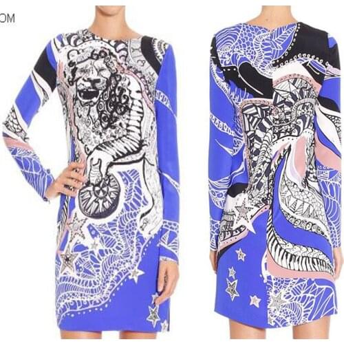 Spring new elegant slim digital print o-neck dress