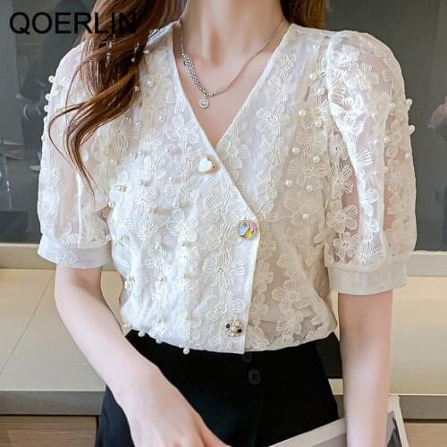 QOERLIN Embroidered Lace Hollow Out V Nec Short Sleeve Blouse Women Stylish Fashion Buttons Up Tops Shirts Plus Size Sweet Girls