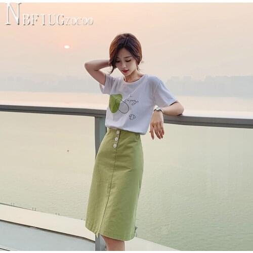 2020 New 93% Cotton Fashion Women Sets Refreshing T Shirt And Solid Color Skirt Female Sets