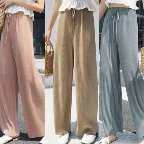 Summer Wide Leg Pants For Women Casual Elastic High Waist 2021 New Fashion Loose Long Pants Pleated Pant Trousers Femme