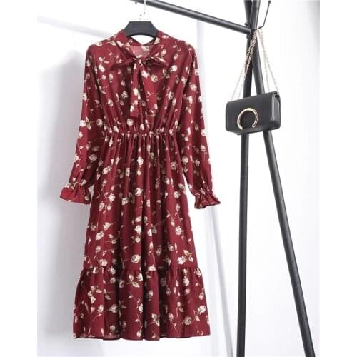 Beautiful Fashion New Women Long Sleeved Dress Retro Collar Casual Slim Dresses Floral Printing Chiffon 2019 Summer Autumn