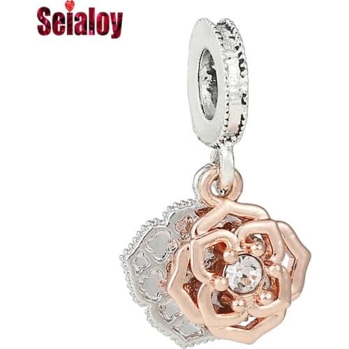 Seialoy 1pcs Silver Color Rose Gold Flower Dangle Beads Two Colors Pendant Fit Charm Bracelets Diy Jewelry Making Accessory