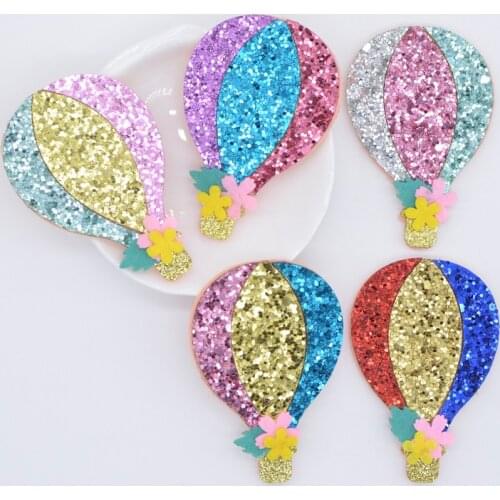 10Pcs 43*65mm Glitter Fabric Applique Hot Air Balloon Nonwoven Padded Patches for Headwear Hat Stickers DIY Hair Clips Decor P08