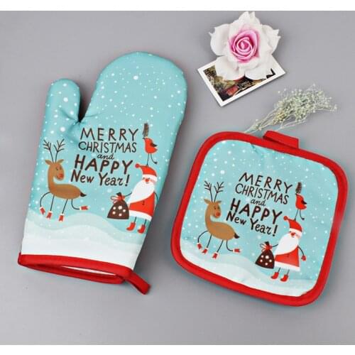 2pcs Anti-Hot Gloves Christmas Hot Oven Mitts Baking Pad Dining Kitchen Mat New Year 2021 Xmas Party Decorations Navidad Cocina