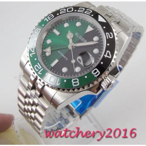 40mm BLIGER black green dial ceramic bezel jubilee strap Sapphire glass GMT automatic mens watch
